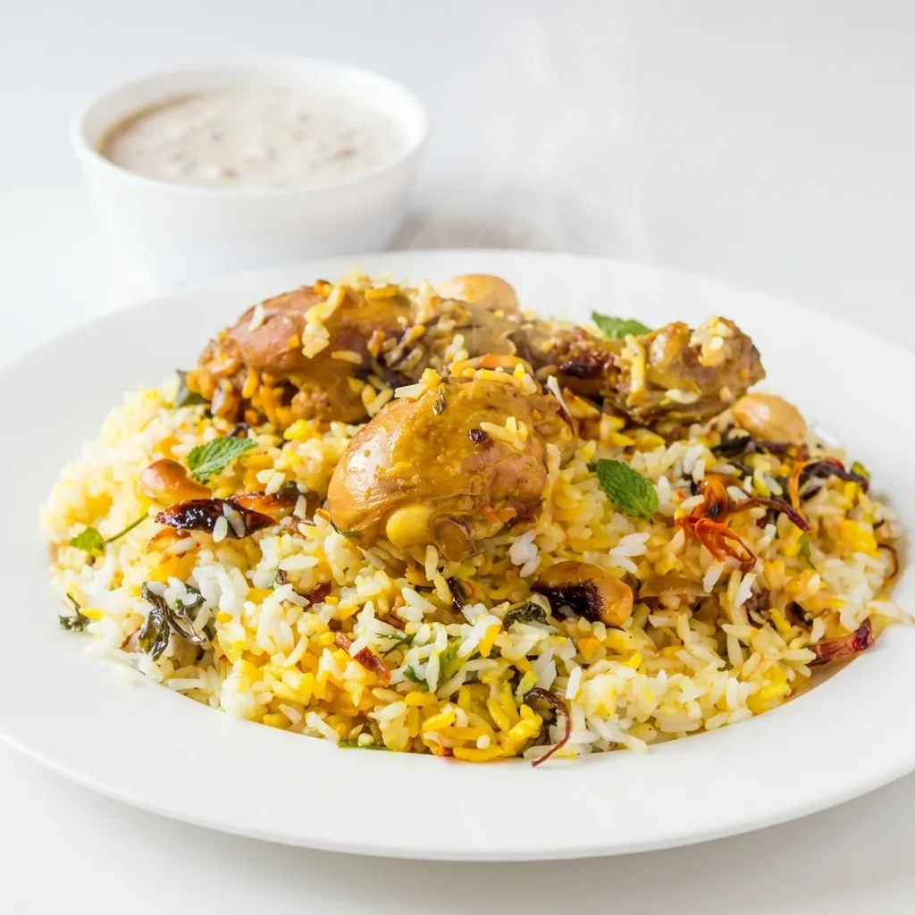 chicken biriyani served with raita at Nitara - Flavours of South India in Edmonton