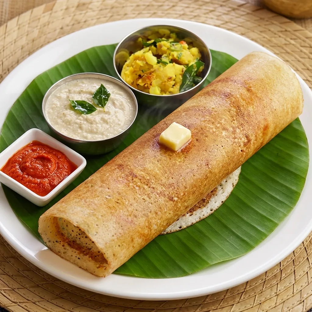 Masala dosa with sambar and coconut chutney at Nitara - Flavours of South India in Edmonton