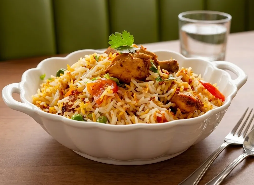 chicken biriyani with basmati rice, onions and lime at Nitara Edmonton