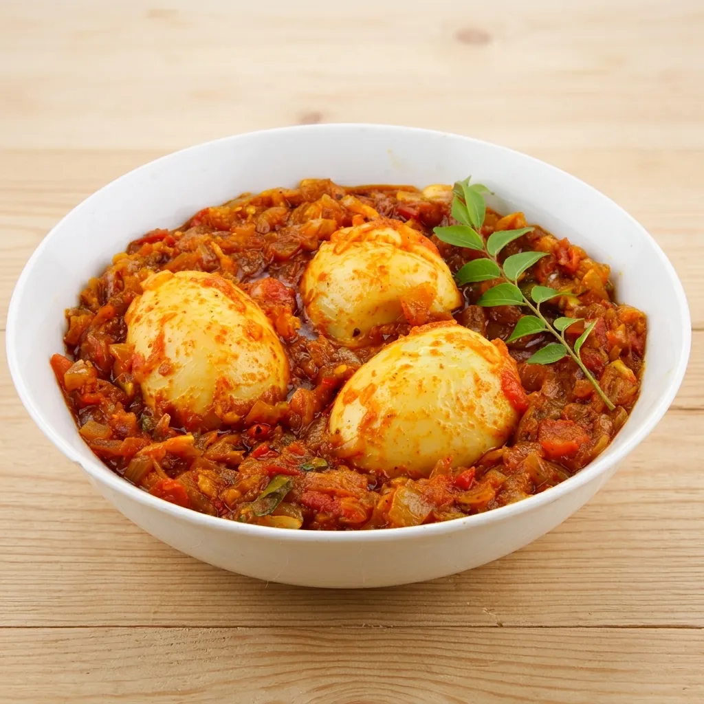 Boiled eggs cooked in a rich, spicy onion and tomato masala at Nitara in southwest Edmonton